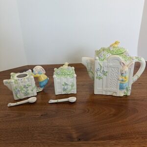 80's Applause Bunny Rabbit ChickGarden Ceramic Tea Pot Set Cottagecore, Easter